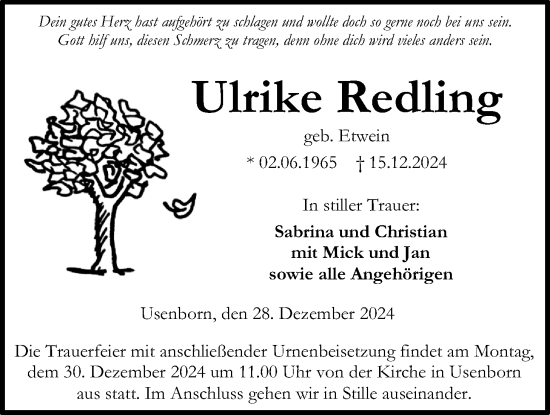 Traueranzeige von Ulrike Redling von Kreis-Anzeiger