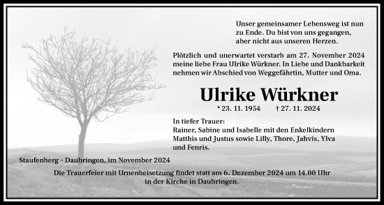 Traueranzeige von Ulrike Würkner von Giessener Allgemeine, Alsfelder Allgemeine, Giessener Anzeiger