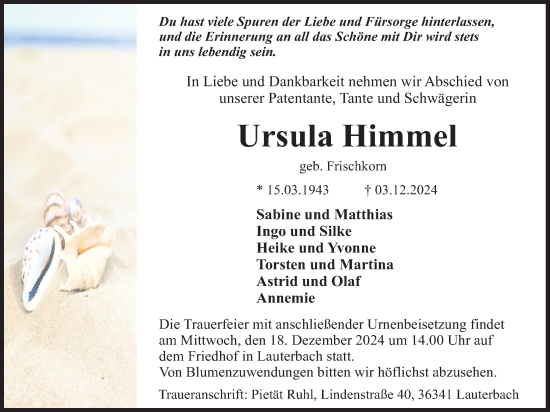 Traueranzeige von Ursula Himmel von Lauterbacher Anzeiger