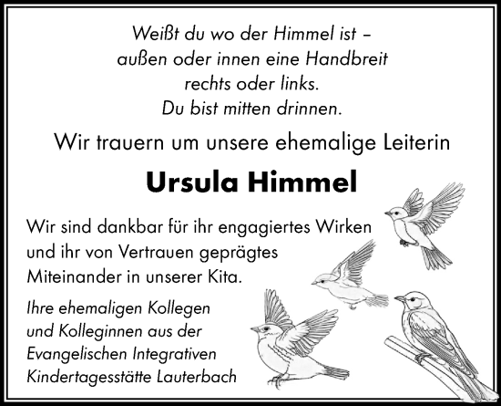 Traueranzeige von Ursula Himmel von Lauterbacher Anzeiger