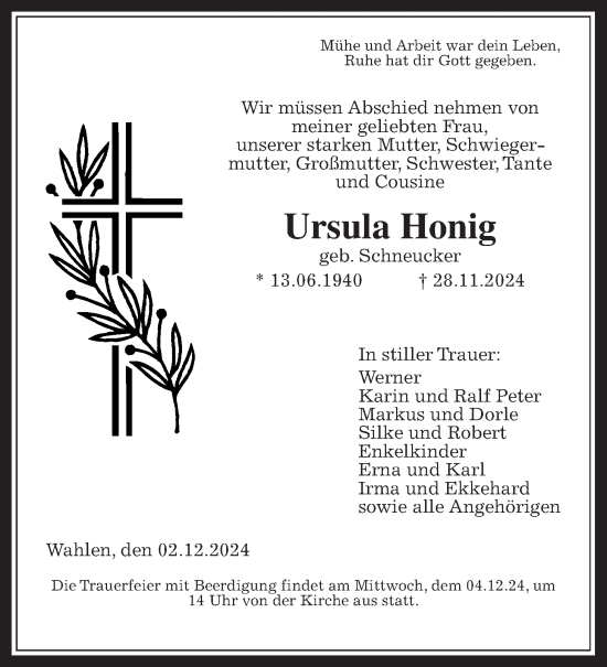 Traueranzeige von Ursula Honig von Oberhessische Zeitung
