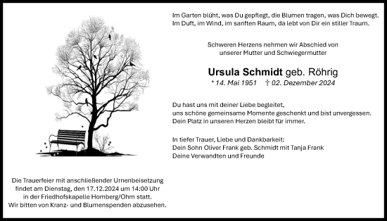 Traueranzeige von Ursula Schmidt von Oberhessische Zeitung, Alsfelder Allgemeine
