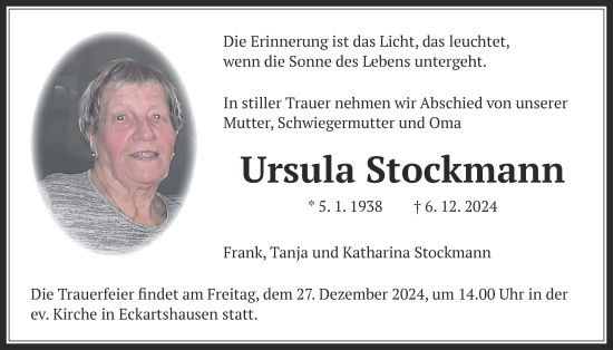 Traueranzeige von Ursula Stockmann von Kreis-Anzeiger, Kreis-Anzeiger