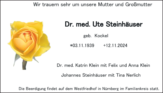 Traueranzeige von Ute Steinhäuser von Wetterauer Zeitung