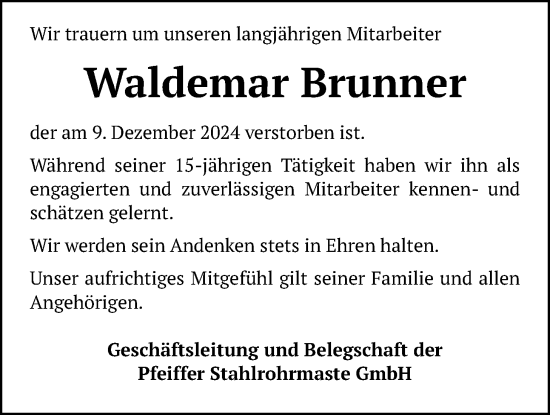 Traueranzeige von Waldemar Brunner von Kreis-Anzeiger
