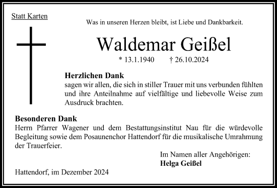 Traueranzeige von Waldemar Geißel von Oberhessische Zeitung