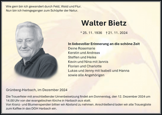 Traueranzeige von Walter Bietz von Giessener Allgemeine, Alsfelder Allgemeine, Giessener Anzeiger