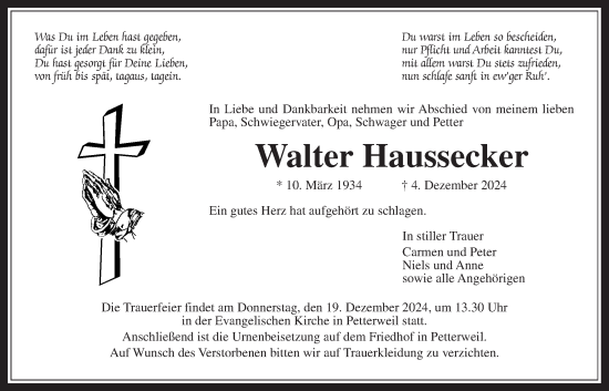 Traueranzeige von Walter Haussecker von Bad Vilbel/Karben, Wetterauer Zeitung