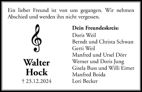 Traueranzeige von Walter Hock von Giessener Anzeiger