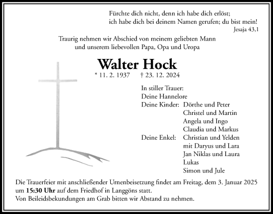 Traueranzeige von Walter Hock von Giessener Allgemeine, Alsfelder Allgemeine, Giessener Anzeiger