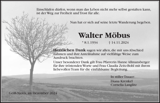 Traueranzeige von Walter Möbus von Kreis-Anzeiger