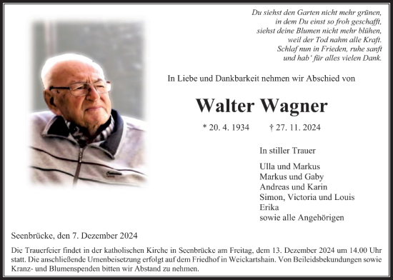 Traueranzeige von Walter Wagner von Giessener Allgemeine, Alsfelder Allgemeine