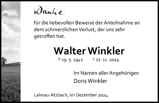 Traueranzeige von Walter Winkler von Giessener Allgemeine, Alsfelder Allgemeine, Giessener Allgemeine, Alsfelder Allgemeine