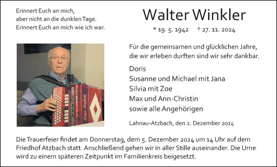 Traueranzeige von Walter Winkler von Giessener Allgemeine, Alsfelder Allgemeine