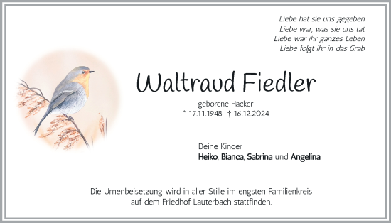 Traueranzeige von Waltraud Fiedler von Lauterbacher Anzeiger