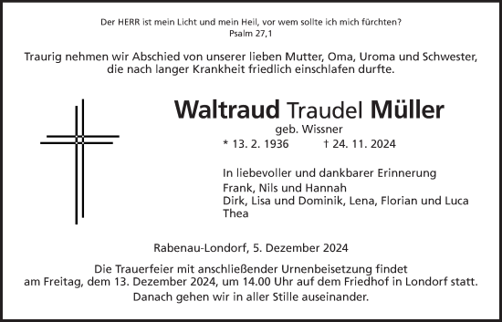 Traueranzeige von Waltraud Müller von Rabenauer Zeitung