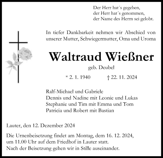Traueranzeige von Waltraud Wießner von Giessener Allgemeine, Alsfelder Allgemeine
