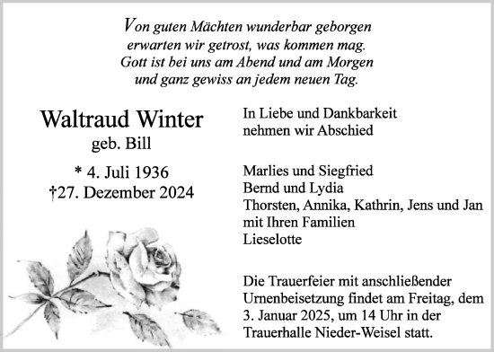 Traueranzeige von Waltraud Winter von Butzbacher Zeitung