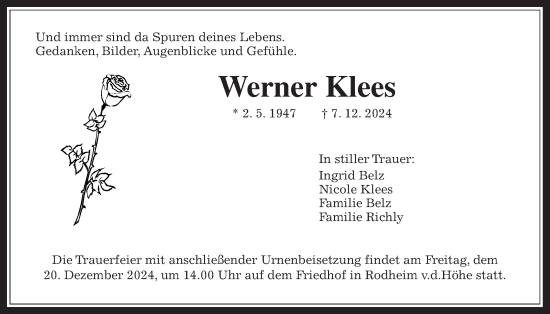 Traueranzeige von Werner Klees von Wetterauer Zeitung