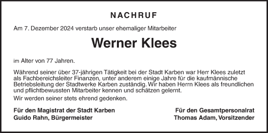 Traueranzeige von Werner Klees von Wetterauer Zeitung