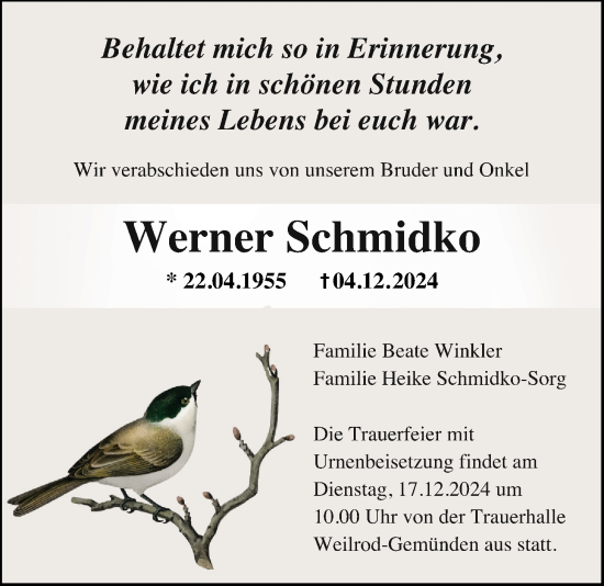 Traueranzeige von Werner Schmidko von Usinger Anzeigenblatt
