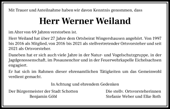 Traueranzeige von Werner Weiland von Kreis-Anzeiger