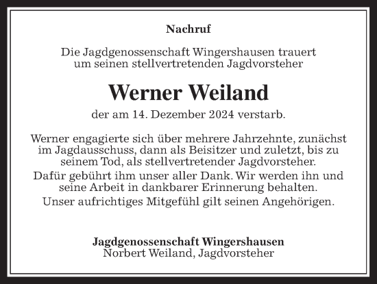 Traueranzeige von Werner Weiland von Kreis-Anzeiger