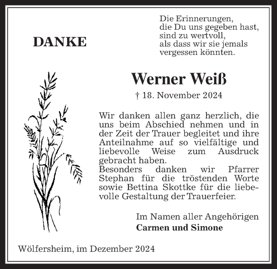 Traueranzeige von Werner Weiß von Wetterauer Zeitung