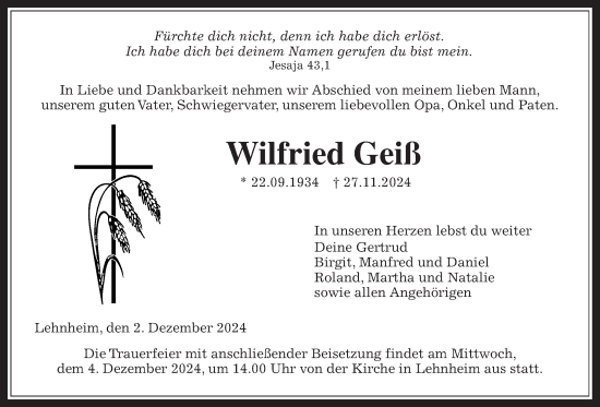Traueranzeige von Wilfried Geiß von Giessener Allgemeine, Alsfelder Allgemeine