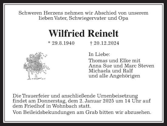Traueranzeige von Wilfried Reinelt von Wetterauer Zeitung