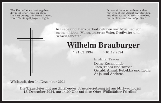 Traueranzeige von Wilhelm Brauburger von Wetterauer Zeitung