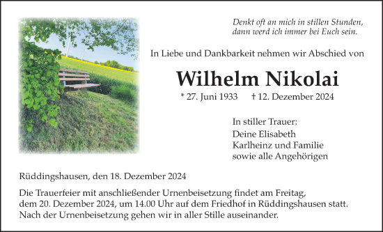 Traueranzeige von Wilhelm Nikolai von Giessener Allgemeine, Alsfelder Allgemeine