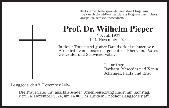 Traueranzeige von Wilhelm Pieper von Giessener Allgemeine, Alsfelder Allgemeine