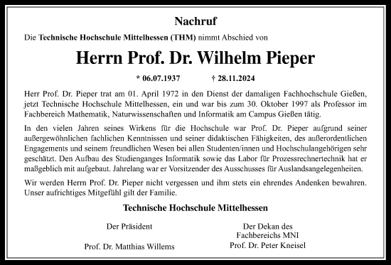 Traueranzeige von Wilhelm Pieper von Giessener Allgemeine, Alsfelder Allgemeine, Giessener Anzeiger, Giessener Allgemeine, Alsfelder Allgemeine, Giessener Anzeiger