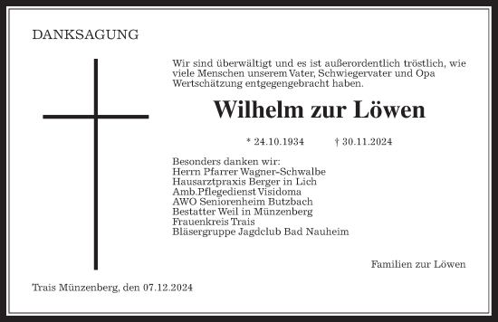 Traueranzeige von Wilhelm zur Löwen von Butzbacher Zeitung