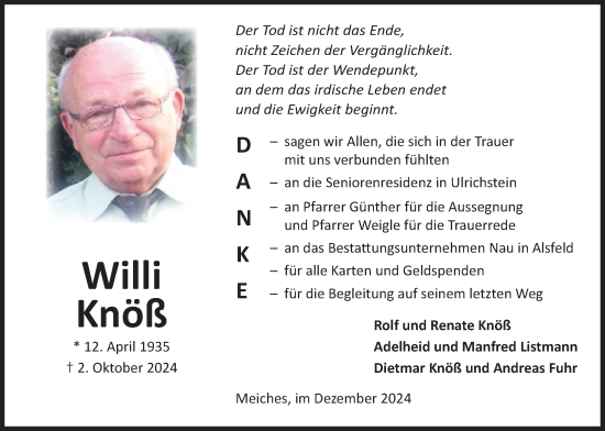 Traueranzeige von Willi Knöß von Lauterbacher Anzeiger