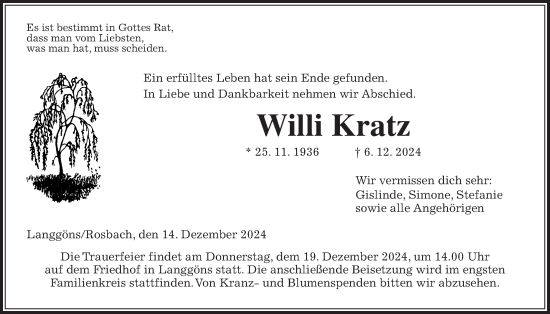 Traueranzeige von Willi Kratz von Giessener Anzeiger, Wetterauer Zeitung