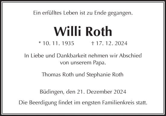 Traueranzeige von Willi Roth von Kreis-Anzeiger