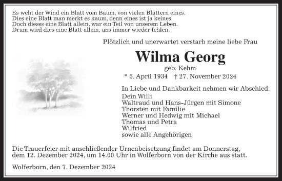 Traueranzeige von Wilma Georg von Kreis-Anzeiger