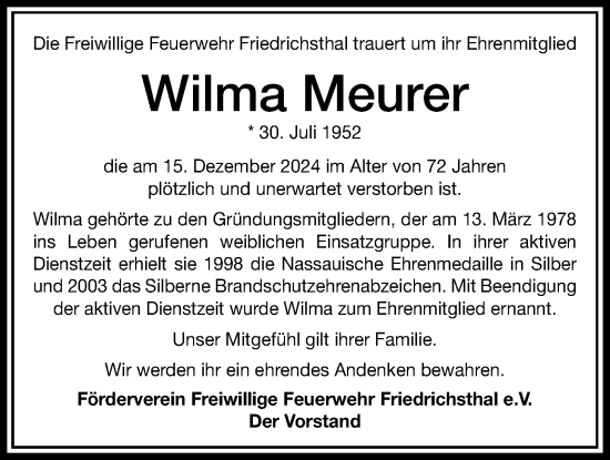 Traueranzeige von Wilma Meurer von Usinger Anzeiger
