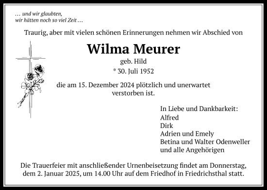 Traueranzeige von Wilma Meurer von Usinger Anzeiger