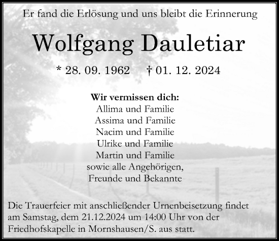 Traueranzeige von Wolfgang Dauletiar von Giessener Anzeiger