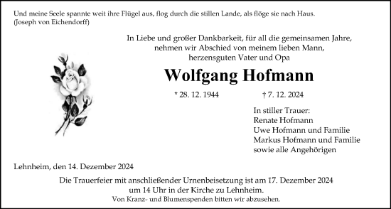 Traueranzeige von Wolfgang Hofmann von Giessener Allgemeine, Alsfelder Allgemeine