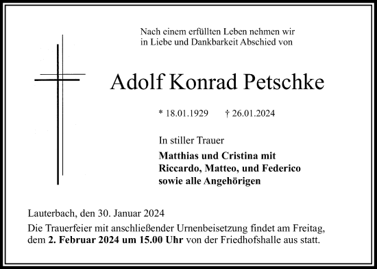 Traueranzeige von Adolf Konrad Petschke von Lauterbacher Anzeiger