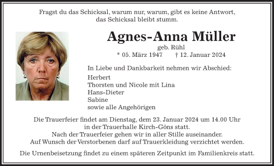 Traueranzeige von Agnes-Anna Müller von Butzbacher Zeitung