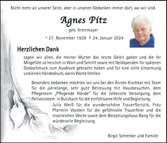 Traueranzeige von Agnes Pitz von Butzbacher Zeitung