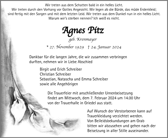 Traueranzeige von Agnes Pitz von Butzbacher Zeitung