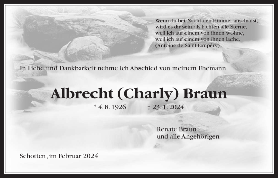 Traueranzeige von Albrecht Braun von Kreis-Anzeiger