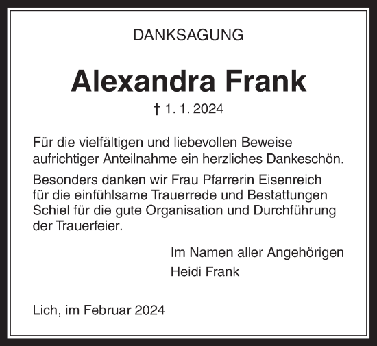Traueranzeige von Alexandra Frank von Licher Wochenblatt