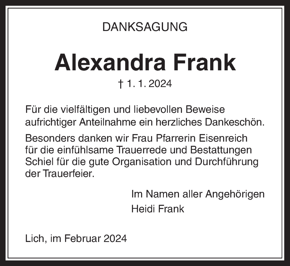  Traueranzeige für Alexandra Frank vom 15.02.2024 aus Licher Wochenblatt